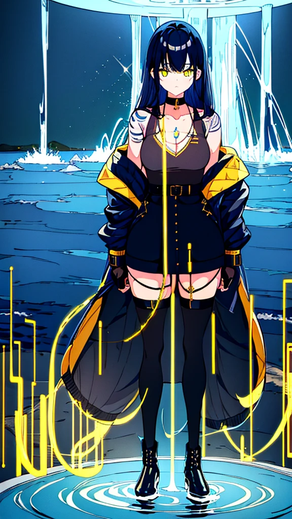 2girls, twins, short wavy navy blue hair, golden yellow glowing eyes, wearing black tube top, navy blue trench coat, navy blue long denim skirt, golden boots, sleeve tattoo, river, absurdres, high res, ultra sharp, 8k, masterpiece, looking at viewer, glowing blue water droplets surrounding the body, holding a black gun
