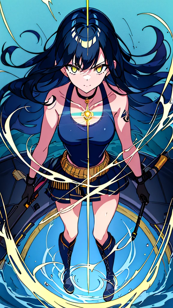 2girls, twins, short wavy navy blue hair, golden yellow glowing eyes, wearing black tube top, navy blue trench coat, navy blue long denim skirt, golden boots, sleeve tattoo, river, absurdres, high res, ultra sharp, 8k, masterpiece, looking at viewer, glowing blue water droplets surrounding the body, holding a black gun