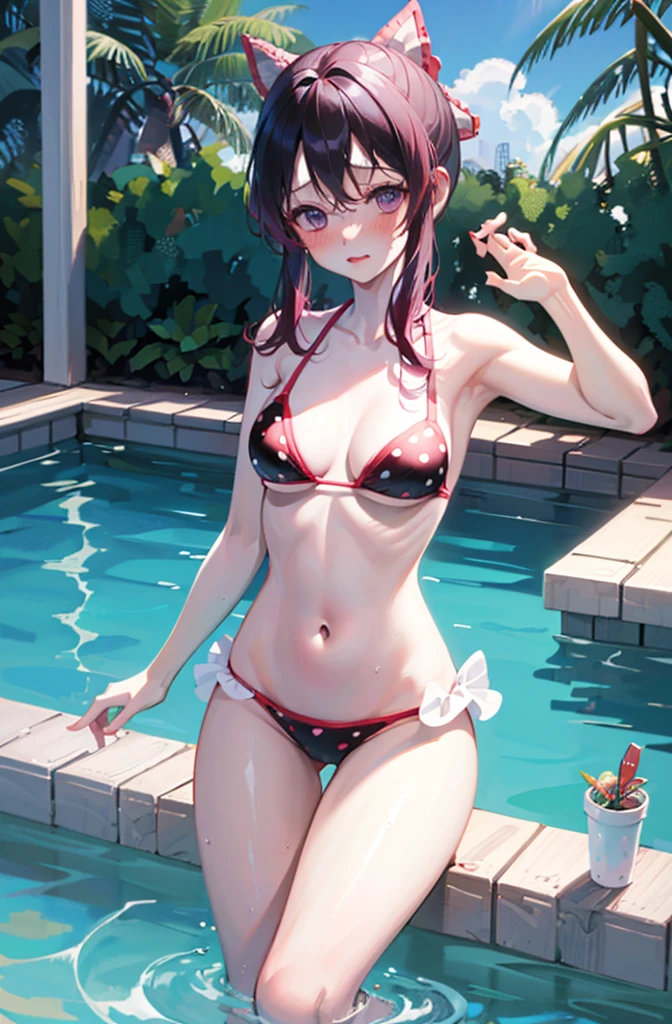 Red bikini、Sexy bikini、Random pose、Polka dot bikini、Red polka dot bikini、Light purple hair、Semi-long hair、Random pose、School swimming pool、Blushing、Embarrassed expression、、Pale purple eyes、、Blushing、lipstick、Perfect hands、Detailed hands、