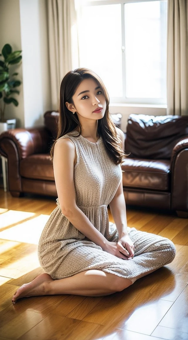 Dark brown hair、bright茶色の目、Japanese actress、 Lady、I am about 40 years old...、(Intricate details:1.2)、(Which is the top???:1.4)、 (Ultra-high resolution:1.2)、Ultra-high resolution、(Finely tuned)、(Detailed facial features)、Hmph、8K resolution、D cup size breasts、Long Hair、bright, Sunny living room、Large windows、Extravagant space、relax、、,Full body photo、Head to toe shot、Beautiful feet、Loose dress、Beautiful feet、A refreshing room filled with sunlight、she, household items,   (plant:0.8), Fashion Hub, Attention to detail, Very detailed, Realistic, Hourglass Shaped Body, Obscene pose,、、私 cry a lot、tears、person on the left、White wall、White floor、diagonally from below、Please lift your chin、relaxさせて寄りかかる、relaxした表情、Pose of Weakness、Keep your knees on the floor、