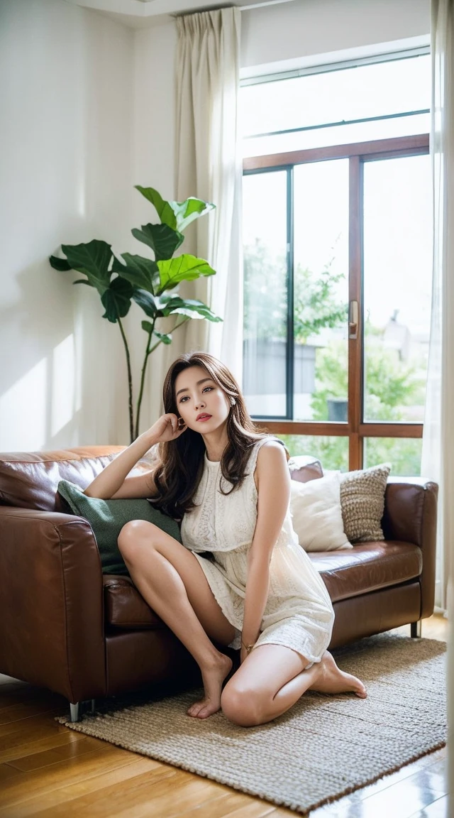 Dark brown hair、bright茶色の目、Japanese actress、 Lady、I am about 40 years old...、(Intricate details:1.2)、(Which is the top???:1.4)、 (Ultra-high resolution:1.2)、Ultra-high resolution、(Finely tuned)、(Detailed facial features)、Hmph、8K resolution、D cup size breasts、Long Hair、bright, Sunny living room、Large windows、Extravagant space、relax、、,Full body photo、Head to toe shot、Beautiful feet、Loose dress、Beautiful feet、A refreshing room filled with sunlight、she, household items, (plant:0.8), Fashion Hub, Attention to detail, Very detailed, Realistic, Hourglass Shaped Body, Obscene pose,、、私 cry a lot、tears、person on the left、White wall、White floor、diagonally from below、Please lift your chin、relaxさせて寄りかかる、relaxした表情、Pose of Weakness、Keep your knees on the floor、