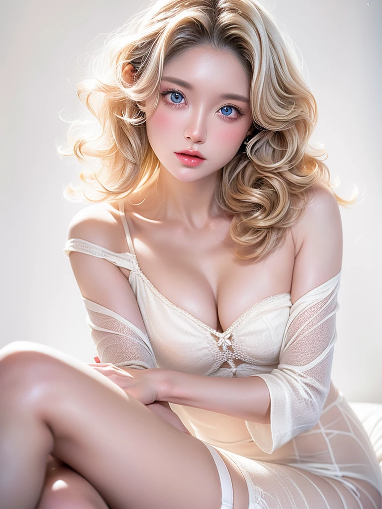 (((white background 2.0)))、((High key portrait 1.3))、Professional Lighting、(((Professional Lighting 1.5)))、(Translucent skin texture))、Beautiful Skin、Fair skin、(((Whitening 1.5)))、((White off-shoulder dress 1.5))、(((High leg underwear 1.5)))、Slim figure、(((ファッションMagazine Cover 1.5)))、(((Magazine Cover 1.5)))、blonde、Loose wavy hair、Vibrant pose、