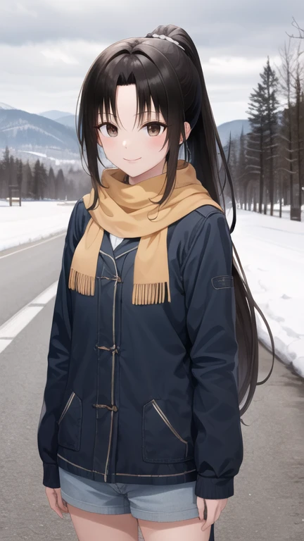 masterpiece, best quality, highres, 1girl, solo, long hair, black hair, ponytail, parted bangs, brown eyes, winter clothes, scarf, snow, road, standing, cowboy shot, smile