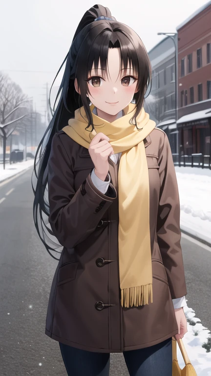 masterpiece, best quality, highres, 1girl, solo, long hair, black hair, ponytail, parted bangs, brown eyes, winter clothes, scarf, snow, road, standing, cowboy shot, smile