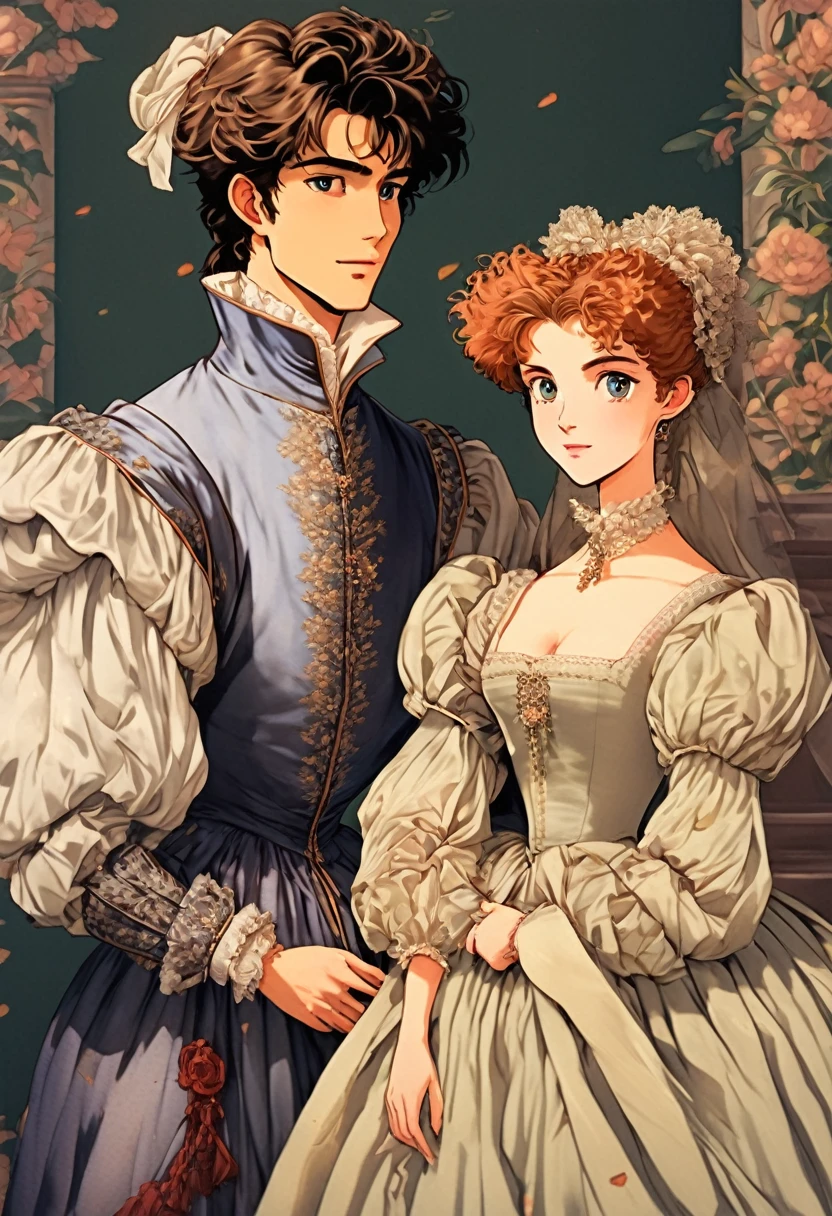 (High Resolution, Ultra Detailed), Showing a very late 1500s Elizabethan English very Handsome young upper middle class couple male and female in classic period Elizabethan fashions clothings attires dress animated kinda anime style/anime semi realism semi realist