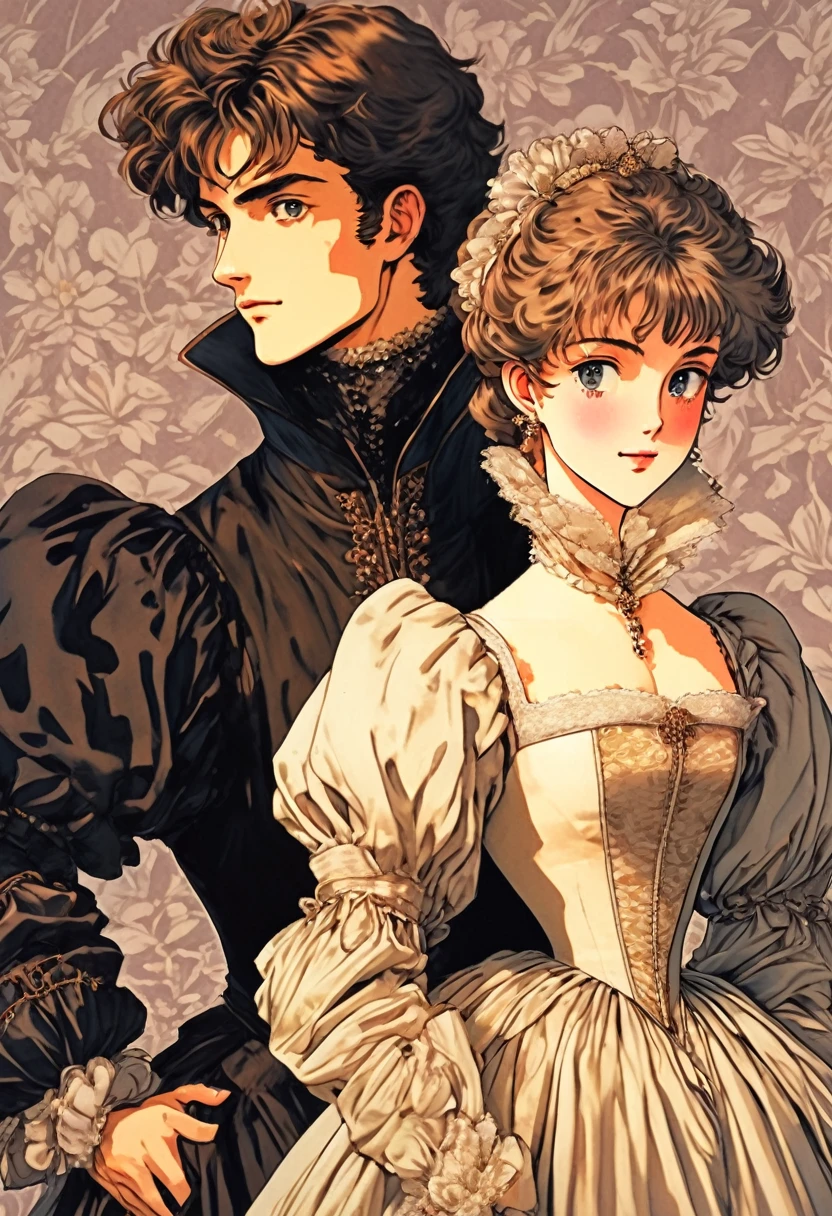 (High Resolution, Ultra Detailed), Showing a very late 1500s Elizabethan English  very Handsome young upper middle class couple male and female in classic period Elizabethan fashions clothings attires dress animated kinda anime style/anime semi realism semi realist