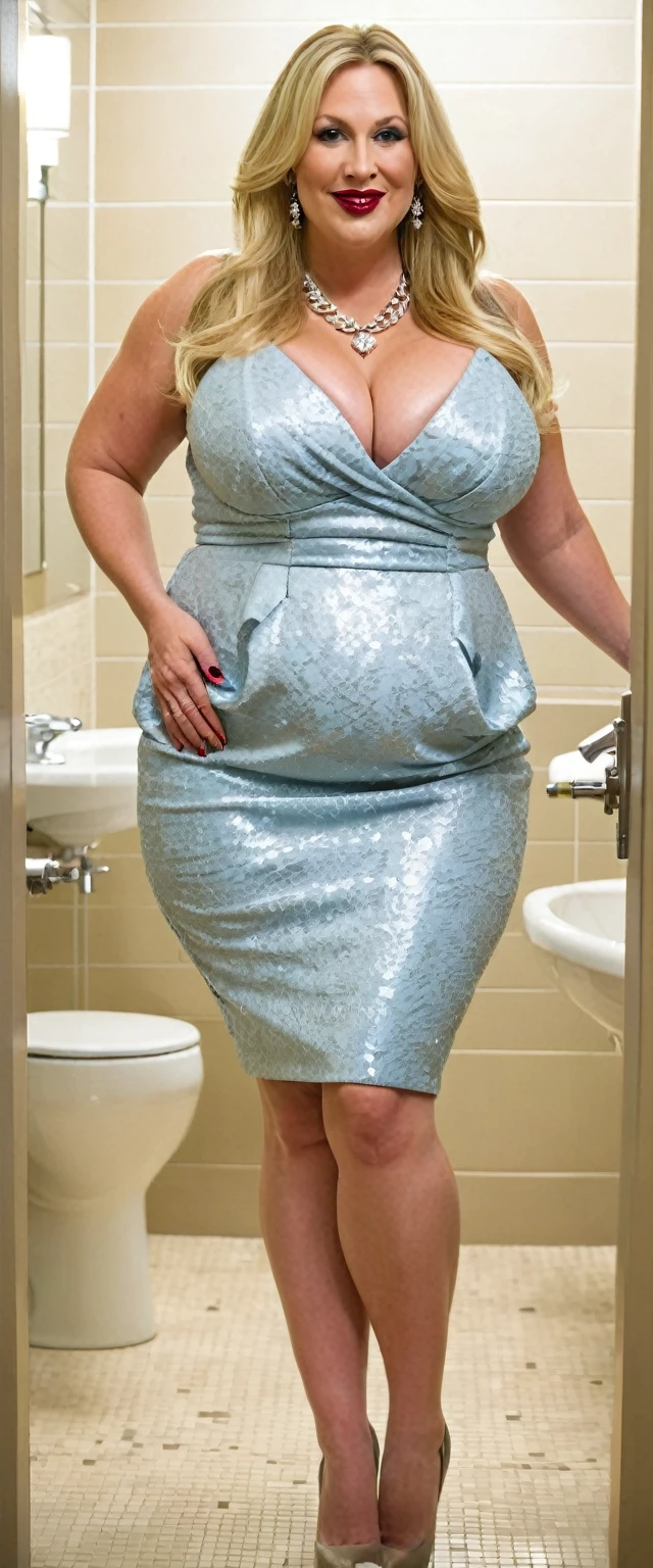 Fat woman, 40 years old white Caucasian woman, big hips, trick thighs, busty cleavage, fancy dressed, dress, necklace, earrings, public bathroom, full body picture, MILF, long straight blonde hair, elegant hair, make-up, lipstick, soft smile, chubby, bbw, huge breasts
