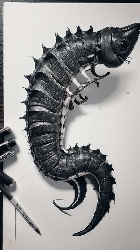 A detailed hippocampus with black and white background drawing 