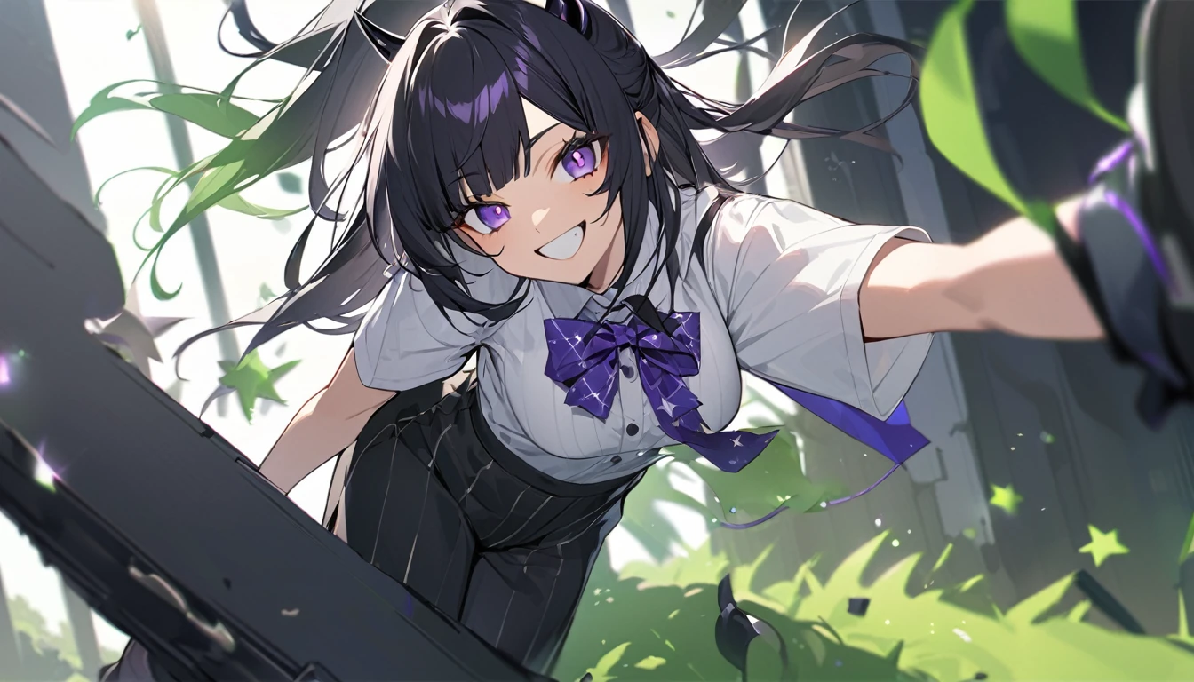 A girl with long black hair with straight bangs, with hair cut at the ends. Two large strands in the front, one bigger than the other. A rebel thread. A small white streak in your bangs. Two demon horns, one purple and one black, both with a dark purple star. one black eye and one purple eye. A purple star on your right cheek. black wide pants. All star shoe. Full white shirt with a bow tie with a star in the middle, with short sleeves. a big chest . Grinning. She is a star demon. She is standing looking at the camera. In one of his eyes a star in the black eye case, in the black eye and just black. Sex girl. Sex girl. One black eye and one purple eye. The background is completely green. She's falling, but doesn't have a worried reaction. She is smiling. The background is green. The scenery is completely green.