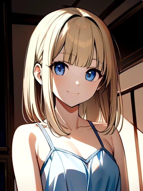 1 Female, alone, Young girl, 16 years old, Straight Blonde Hair, Blunt bangs, blue eyes, (smile), (masterpiece, Highest quality:1.2) Delicate illustrations, Super detailed, Medium chest, ((Upper Body)), (Light blue dress), living room