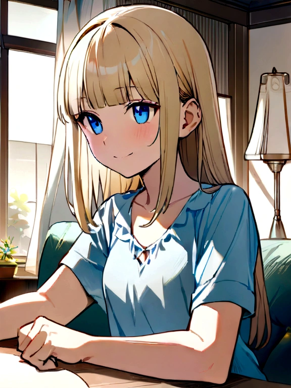 1 Female, alone, Young girl, , Straight Blonde Hair, Blunt bangs, blue eyes, (smile), (masterpiece, Highest quality:1.2) Delicate illustrations, Super detailed, Medium chest, ((Upper Body)), (Light blue dress), living room