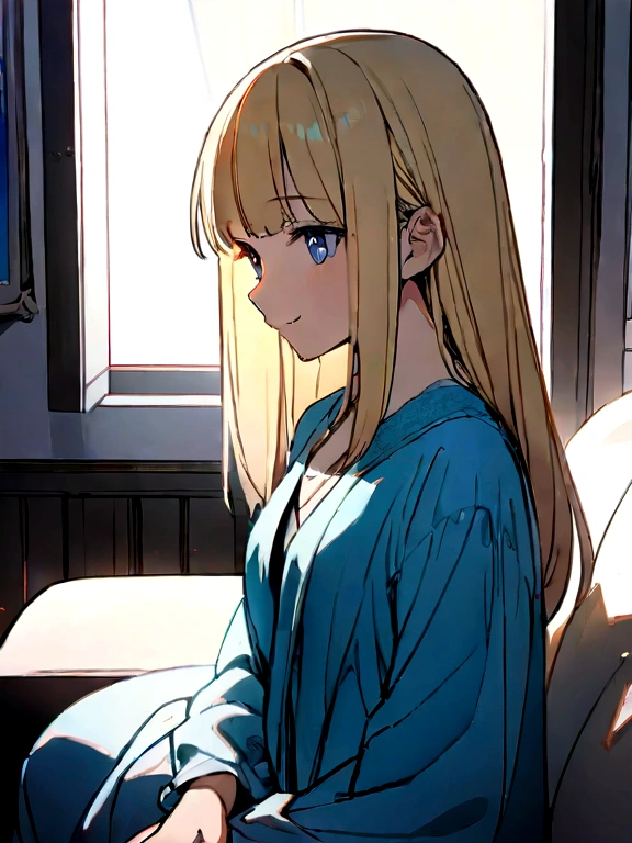 1 Female, alone, Young girl, 16 years old, Straight Blonde Hair, Blunt bangs, blue eyes, (smile), (masterpiece, Highest quality:1.2) Delicate illustrations, Super detailed, Medium chest, ((Upper Body)), (Light blue dress), living room