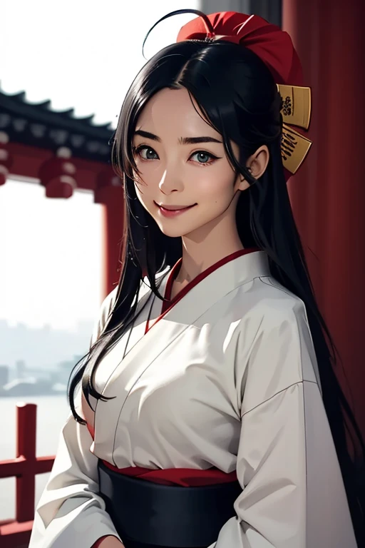 Highest quality High resolution Simple Shrine maiden服 Long bangs Adult female Shrine maiden Loose expression cute smile Scarlet Hakama Beautiful Eyes One Woman Long side hair Very black hair Shiny long hair Straight hair Ahoge Wide sleeves Long hem cute目 White Background