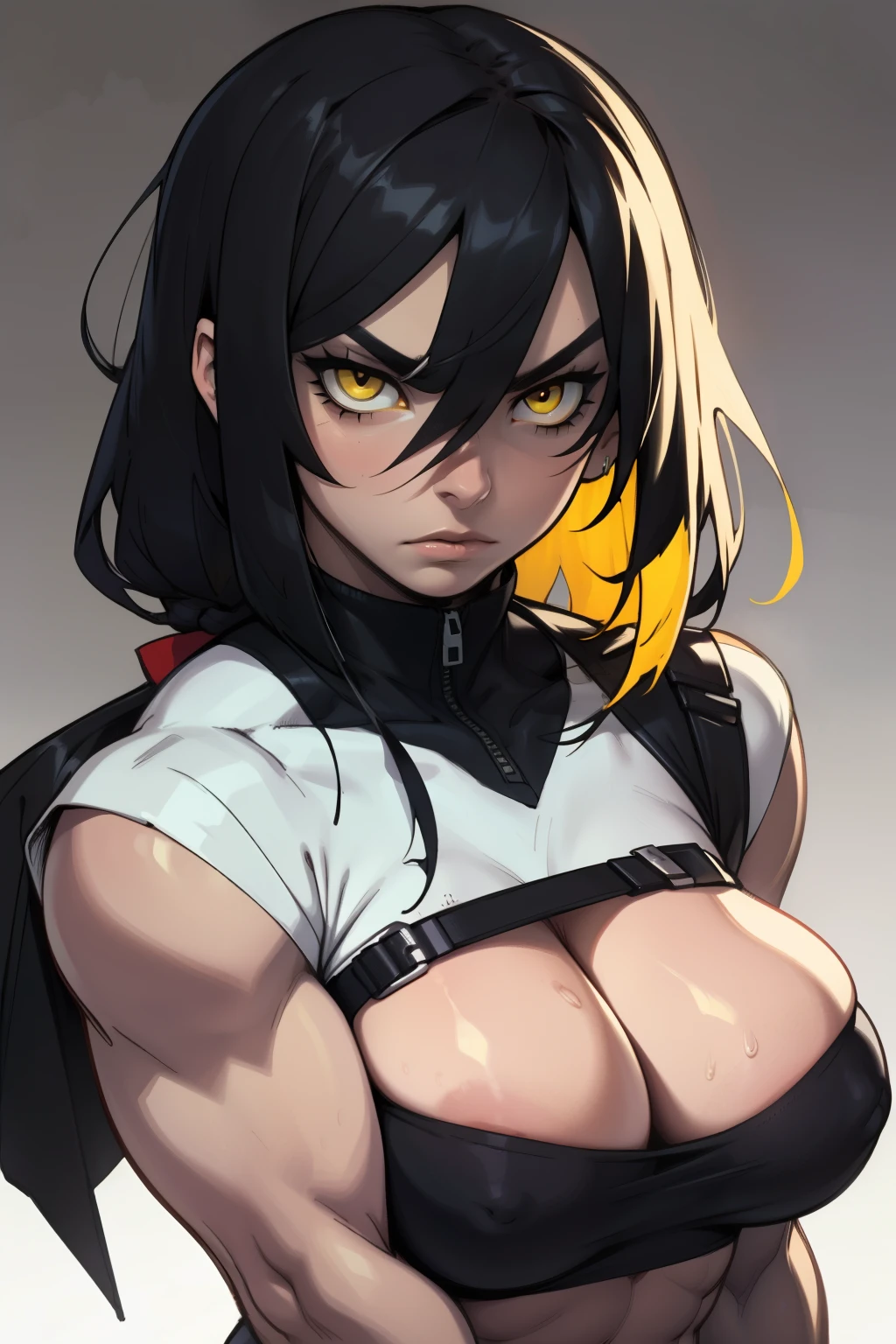 pale angry muscular girl thick black hair yellow eyes hair between eyes detailed eyes