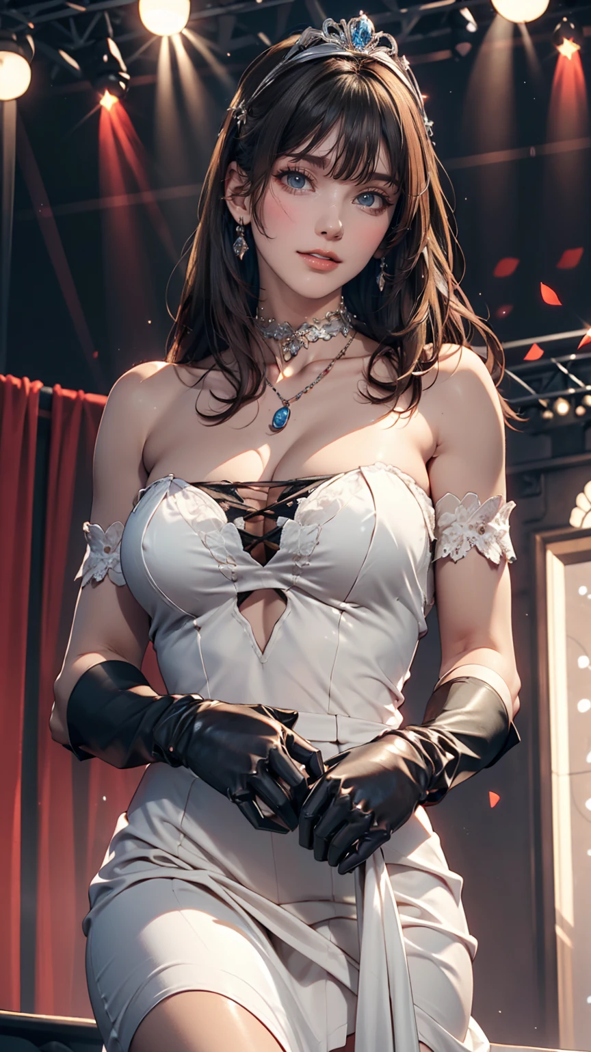 sagisawa fumika, One girl, alone, clock, pendant clock, blue eyes, chest, gloves, tiara, dress, Long Hair, chestの谷間, View your viewers, white gloves, Bare shoulders, Open your mouth, large chest, Strapless, choker, blush, white dress, Black Hair, Brown Hair, Hair between the eyes, Strapless dress, clavicle, smile, bangs, on stage,