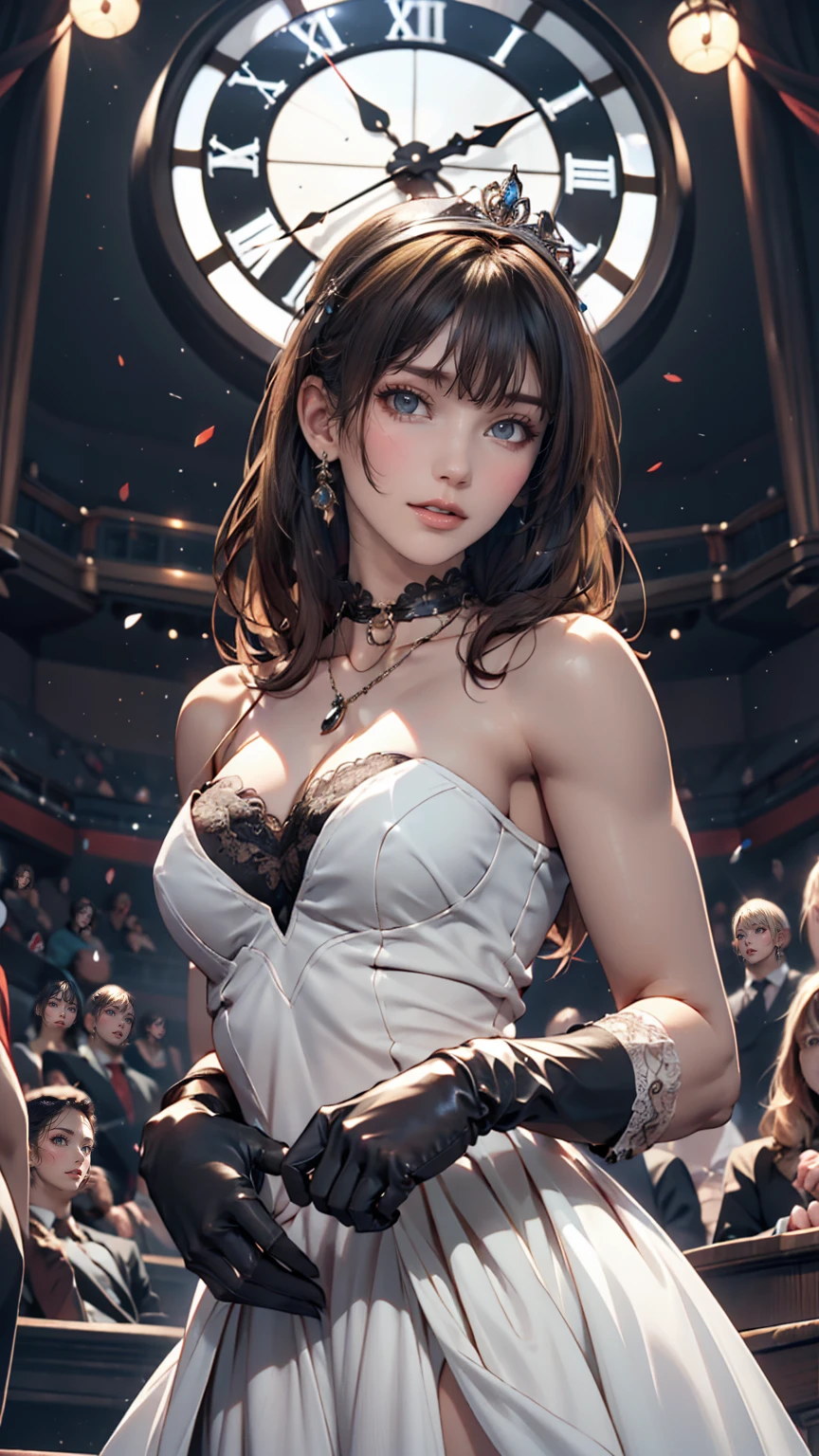 sagisawa fumika, One girl, alone, clock, pendant clock, blue eyes, chest, gloves, tiara, dress, Long Hair, chestの谷間, View your viewers, white gloves, Bare shoulders, Open your mouth, large chest, Strapless, choker, blush, white dress, Black Hair, Brown Hair, Hair between the eyes, Strapless dress, clavicle, smile, bangs, on stage,