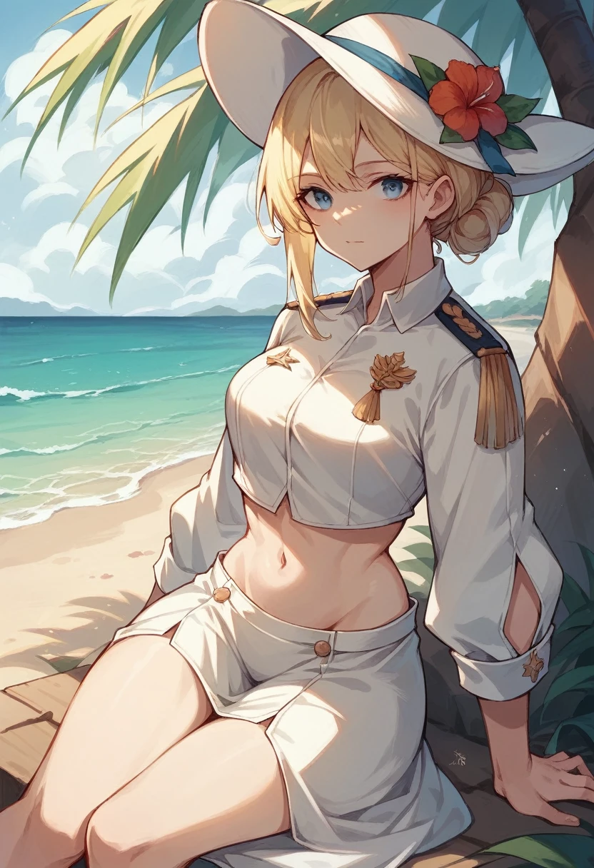 commander anime girl, 18 years old, tall, medium length blonde hair, blue eyes, on vacation on an island, on the beach, in nake, white commander hat, 8K