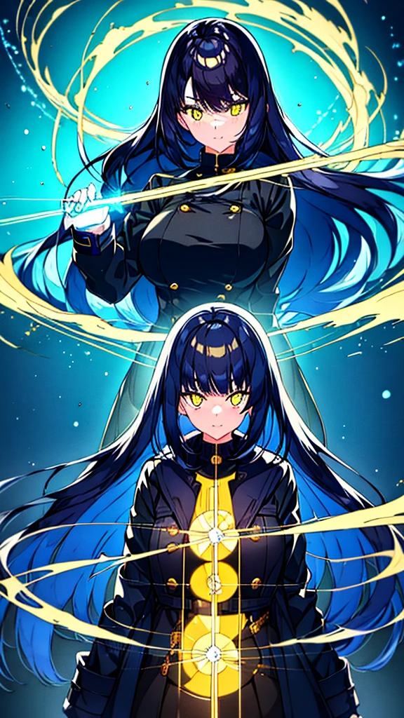 2girls, twins, short wavy navy blue hair, golden yellow glowing eyes, wearing black tube top, navy blue trench coat, navy blue long denim skirt, golden boots, sleeve tattoo, river, absurdres, high res, ultra sharp, 8k, masterpiece, looking at viewer, glowing blue water droplets surrounding the body, holding a black gun
