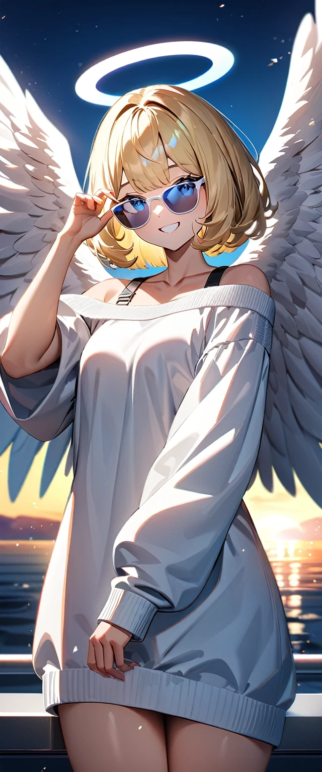 ((flying in the sky)), ((angel, big big white wings:1.3, halo:1.3)), ((sky)), (((sunglasses, hand to sunglasses))), (((cowboy shot))), archangel Uriel, ((wavy hair, inward curled hair)), evening, Sunset, ((blond hair, bob cut:1.3)), breasts, ager, (looking at viewer), oversized clothes, puffy long sleeves, collarbone, ((off-shoulder sweater:1.3, Quite thick shoulder straps)), ((white sweater)), collarbone, head tilt:1.3, (((blue eyes))), ((happy smile)), (((anime style))), (best quality, 4K, 8K, highres, masterpiece:1.2, ultra-detailed, ultra-detailed eyes, HDR, uhd, studio lighting, ultra-fine painting, sharp focus, physically-based rendering, extreme detail description, professional, vivid colors, bokeh)