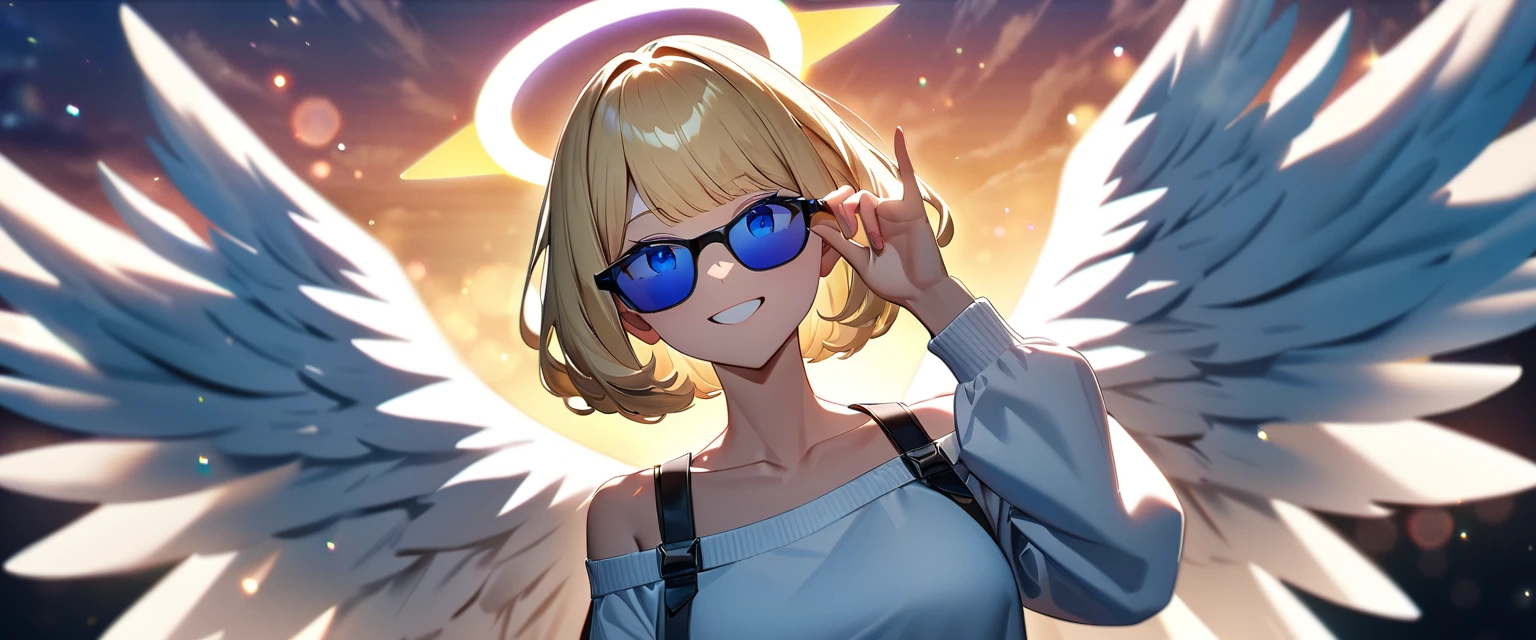 ((flying in the sky)), ((angel, big big white wings:1.3, halo:1.3)), ((sky)), (((sunglasses, hand to sunglasses))), (((cowboy shot))), archangel Uriel, ((wavy hair, inward curled hair)), evening, Sunset, ((blond hair, bob cut:1.3)), breasts, teenager, (looking at viewer), oversized clothes, puffy long sleeves, collarbone, ((off-shoulder sweater:1.3, Quite thick shoulder straps)), ((white sweater)), collarbone, head tilt:1.3, (((blue eyes))), ((happy smile)), (((anime style))), (best quality, 4K, 8K, highres, masterpiece:1.2, ultra-detailed, ultra-detailed eyes, HDR, uhd, studio lighting, ultra-fine painting, sharp focus, physically-based rendering, extreme detail description, professional, vivid colors, bokeh)
