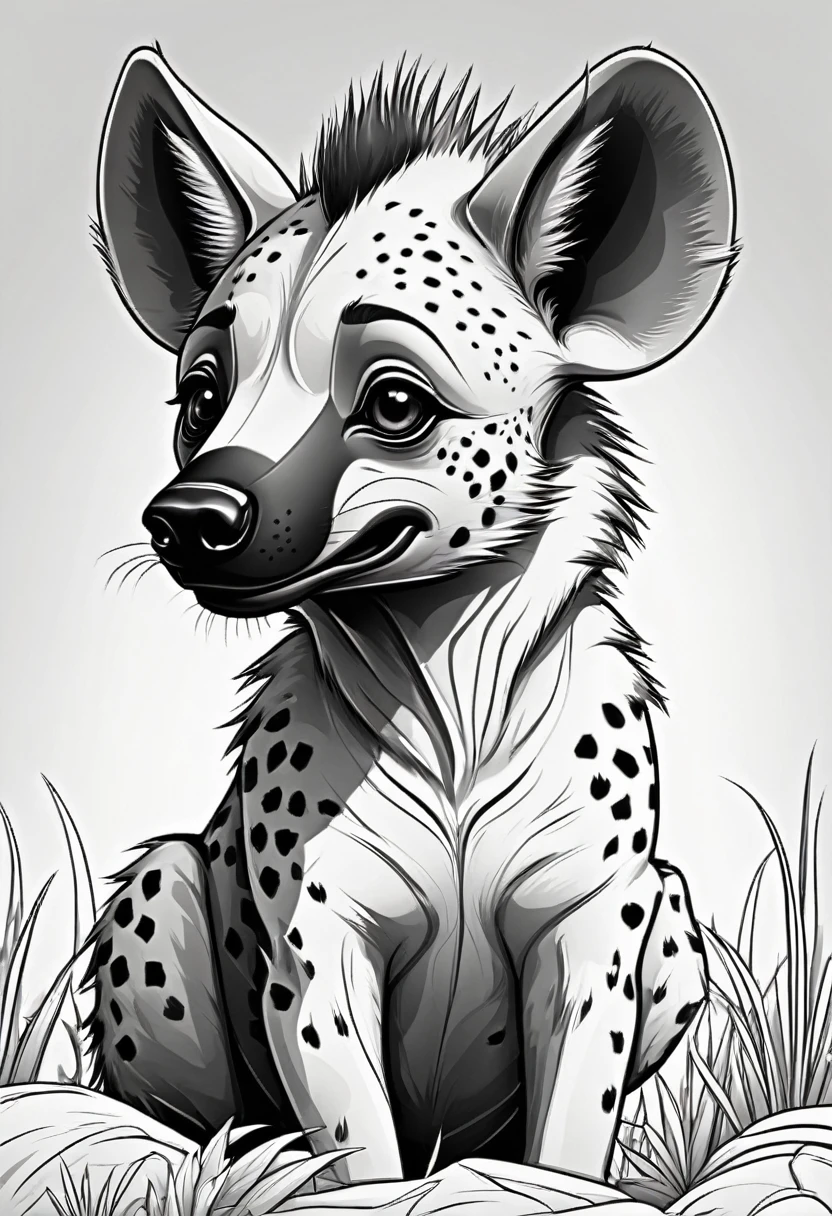 Coloring book hyena , hd style no shading thick lines black and white background, cartoon style 