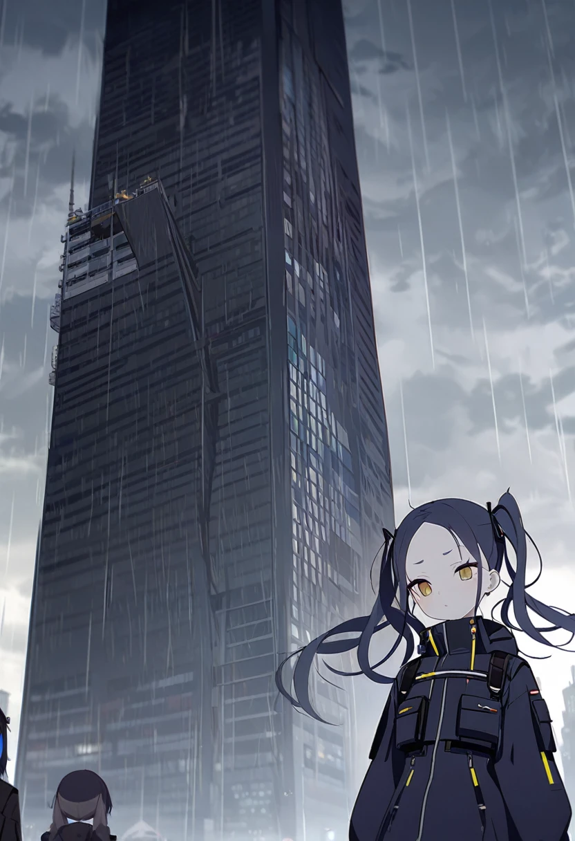 (One very tall woman,Dark navy blue hair,Her hairstyle is twin tails that expose her forehead.,Medium chest,yellow eyes)Black Techwear,Thimble gloves,Rainy city