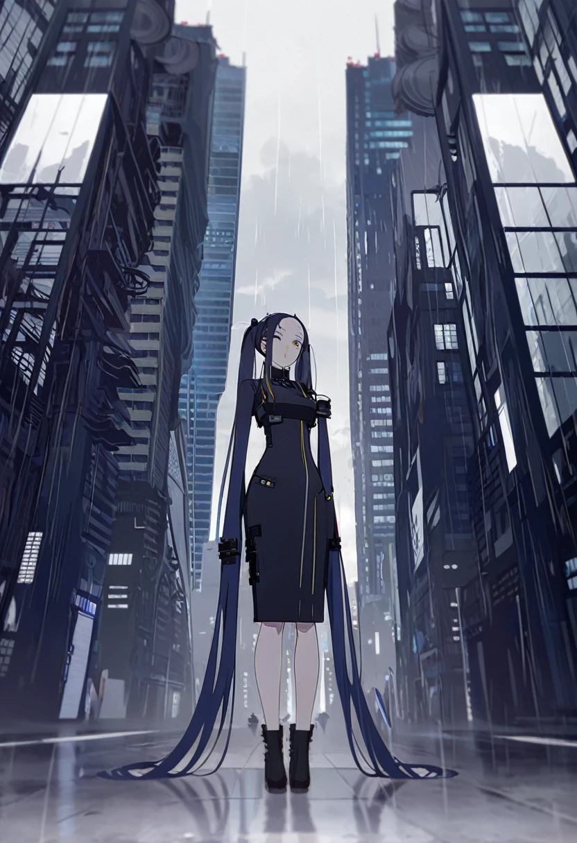 (One very tall woman,Dark navy blue hair,Her hairstyle is twin tails that expose her forehead.,Medium chest,yellow eyes)Black Techwear,Thimble gloves,Rainy city