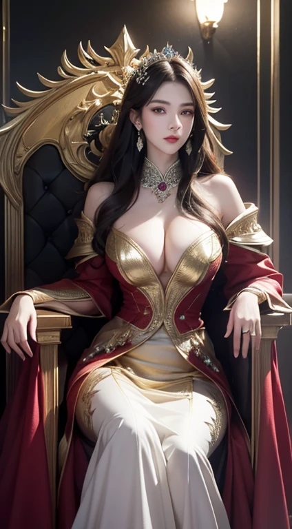 High-quality work，Realistic works，Super premium graphics，8K HD CG works，high quality graphics，High-definition and exquisite CG works，10x pixels，Ultra-fine details：1.1，Advanced technical details：1.1Realistic photo effects，Interior lighting effects：1.5，natural soft light：1.5. Light effect（Virtual light effects：1.8），ultra high resolution，shining dress，sliver long hair，silber hair，transparenthair，high detailed hair（Quality hair details：1.1）Clear eyes，Double eyelids look good，Sharp eye makeup, Create exquisite eyelash makeup, tthin eyebrows, Ultra-detailed eyes，a tall nose, lovely red lips, rosey cheeks, With delicate makeup on her face , pretty face, The face shape is perfectly proportioned,（Advanced facial details：1.1）A Chinese girl sitting on a throne, a throne encrusted with precious stones, surrounded by Chinese phoenix beasts, gold and ruby color, unique monster illustration, Dau al set, high resolution, a painting, dense composition, playful repetition, precious stones, crystals, gold, detailed paintings, unique monster illustrations, super fine details, realistic, super high resolution, complex, super detail, (skin dents), cute, feminine, detailed body, (Detailed face: 1.1), (contoured iris), (watercolor lenses), (perfect eyes), 4k, gorgeous, (masterpiece: 1.2), (best quality: 1.2), gorgeous long dress, dynamic pose, rich colors, film light and shadow，red and golden clothes，Women's artwork，Dress full body video，Realism，Amazing Cleavage，My eyes are very bright today