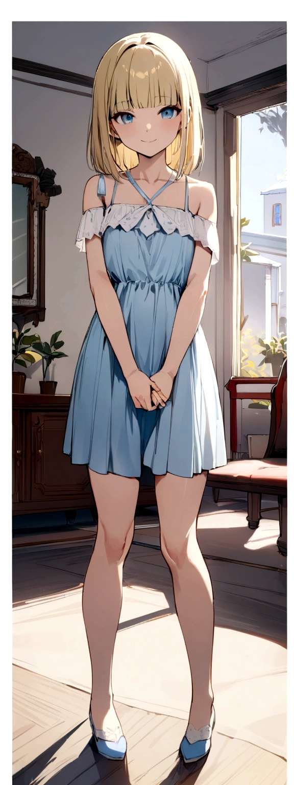 beautiful woman, beautiful face, from center, pov, standing, medium bob cut blonde hair, light blue eyes, two points glasses, medium breasts, blue denim jacket, white dress shirts, white pleats long skirt, she's giving her toe, foot fetish, sex scene, lustful smiling with breath, my room, pastel 2d art, matte painting, anime, masterpiece