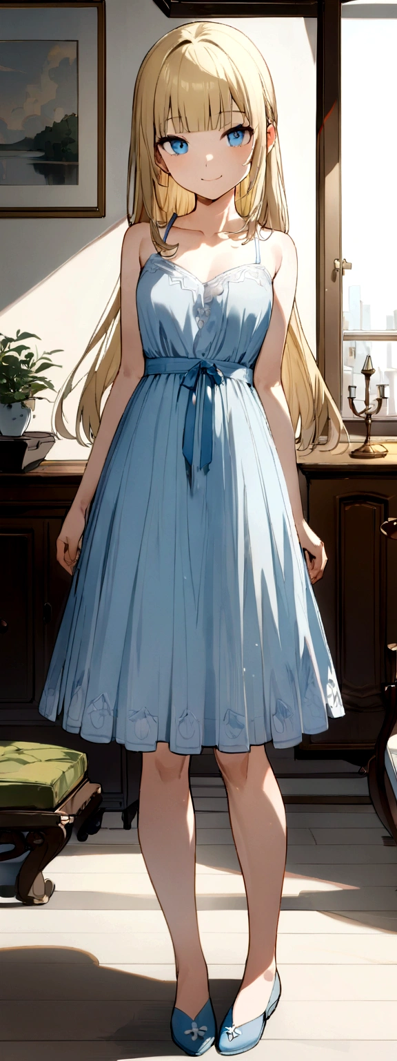 1 Female, alone, Young girl, 16 years old, Straight Blonde Hair, Blunt bangs, blue eyes, (smile), (masterpiece, Highest quality:1.2) Delicate illustrations, Super detailed, Medium chest, ((Full Body Shot)), (Light blue dress), living room