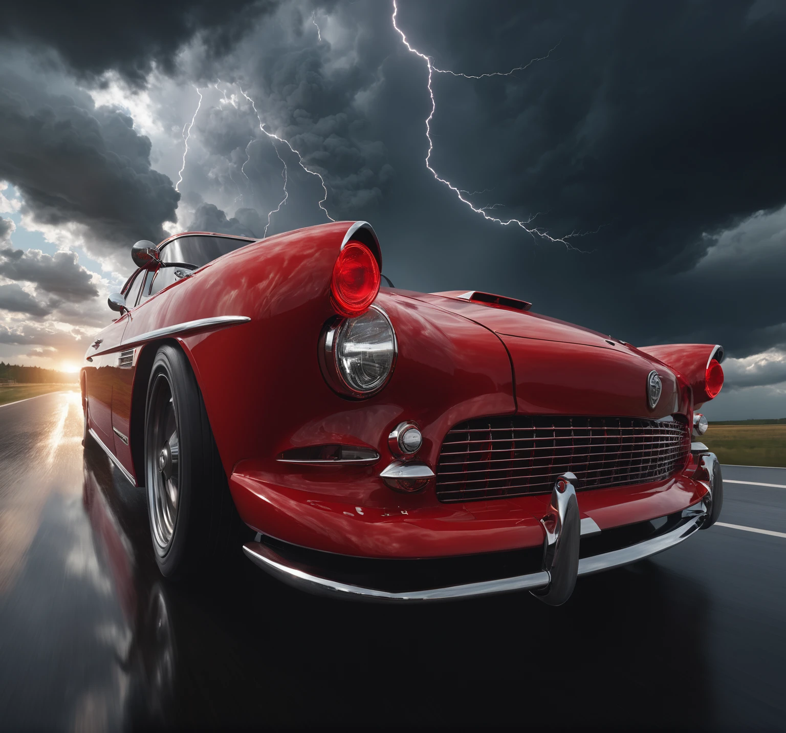 Red car, Aesthetic, Extremely detailed, a car, Frontal of the car,Rapid acceleration on the highway, Thunderstorm clouds, Dramatic Detailed Clouds, Beautiful fantasy photos,Complex details,Amazing, Produced by WETA FX and Industrial Light & Magic, Sophisticated RTX-enhanced CGI rendering