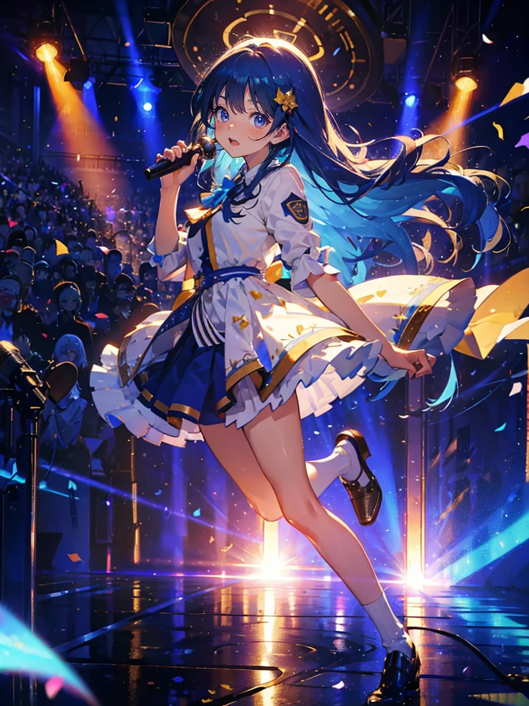 (muste piece), (best quality), very detailed, ((1 girl)), solo full body shot,Low - Angle,dynamic,jump,((happy face)),perfect face, beautiful face, very detailedな顔,(Light blue long hair_blue eyes:1.3),brown long hair, idol costume,Solo Idol,Ribbon hair ornament,concert dome,live,have a microphone,singing,Smiling with mouth wide open,Laser Light,confetti