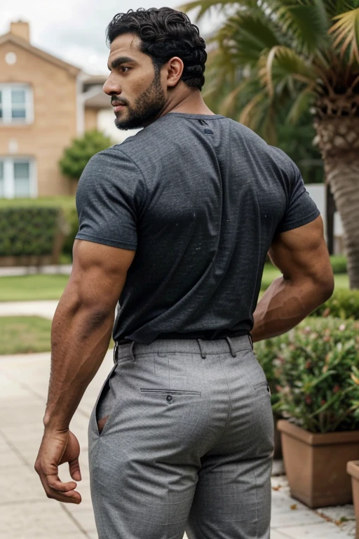 A Hispanic black man with a face that looks like Henry Cavill. black man, His body is muscular and he has a toothed beard.. Big Booty, in a moment of reflection. full body. Fajada shirt, semi formal clothing, grey pants, backside.