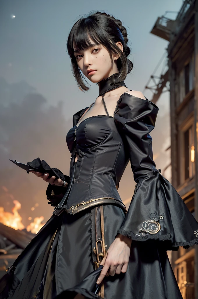 (((Masterpiece))), (((top quality))), (((super detailed))), Combat action poses, One female, (((Very Slender body))), 18 years old, (((short black bob, thick puffy bangs))), cosmetics-free, small thin nose, small thin-lipped mouth, (((very sharp focused eyes))), large slit precision pale grey eyes, sparkling like jewels, Long eyelashes, ((Very intricate mechanical steampunk fashion, Off-shoulder gothic fashion, Lace and ruffle mini skirt, Excessively decorative fashion)), (((The night an abandoned, intricately mechanized steampunk factory burns and explodes))), (((overall accuracy has improved dramatically, creating a super detailed and realistic image))).