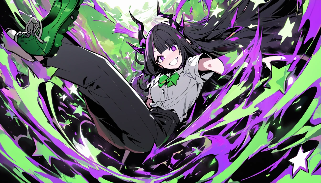 A girl with long black hair with straight bangs, with hair cut at the ends. Two large strands in the front, one bigger than the other. A rebel thread. A small white streak in your bangs. Two demon horns, one purple and one black, both with a dark purple star. one black eye and one purple eye. A purple star on your right cheek. black wide pants. All star shoe. Full white shirt with a bow tie with a star in the middle, with short sleeves.  a big chest . Grinning. She is a star demon. She is standing looking at the camera. In one of his eyes a star in the black eye case, in the black eye and just black. Sex girl. Sex girl. One black eye and one purple eye. The background is completely green. She's falling, but doesn't have a worried reaction. She is smiling. The background is green. The scenery is completely green. The scenery has only one color. And a green base color.