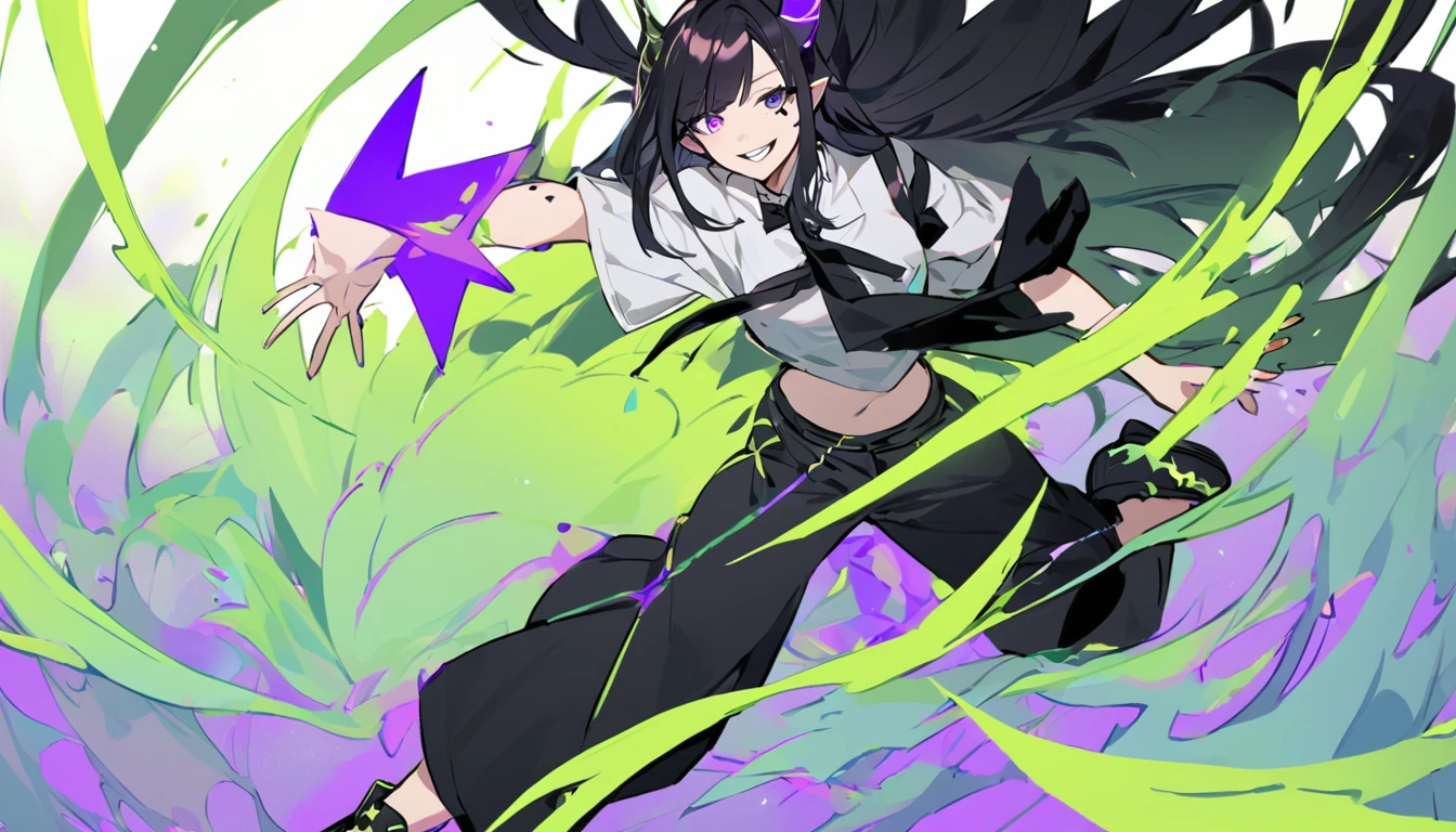 A girl with long black hair with straight bangs, with hair cut at the ends. Two large strands in the front, one bigger than the other. A rebel thread. A small white streak in your bangs. Two demon horns, one purple and one black, both with a dark purple star. one black eye and one purple eye. A purple star on your right cheek. black wide pants. All star shoe. Full white shirt with a bow tie with a star in the middle, with short sleeves. a big chest . Grinning. She is a star demon. She is standing looking at the camera. In one of his eyes a star in the black eye case, in the black eye and just black. Sex girl. Sex girl. One black eye and one purple eye. The background is completely green. She's falling, but doesn't have a worried reaction. She is smiling. The background is green. The scenery is completely green. The scenery has only one color. And a green base color.