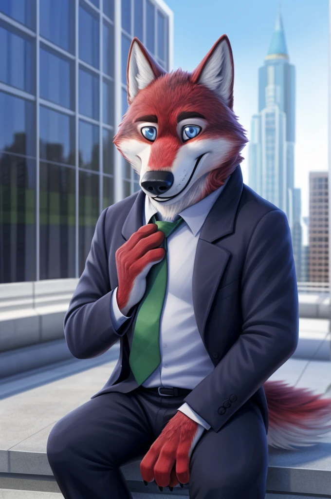 Ivan Wolfbach (сотрудник Аэропорта Domodedovo),high,Beautiful,slim,24 years,wolf, red fur,high Beautiful wolf, 24 years,(red body:1,3),beautiful blue eyes,Domodedovo, Russia, Аэропорт Domodedovo,gray shirt, green tie, trousers,Dog, wolf, detailed fur, a male, antro, paw pads, finger claws, per viewer, 5 fingers, paws, 5 fingers, day, digital photography, soft focus, Good mood на приеме,sitting in the dentist's office, Photorealism, realistic , Photorealism, digital style, from close walks around the city, Very close to the camera, digital photography, positive smile, Good, mood, green tie, dental treatment in hospital, they don&#39,I have a toothache, 
masterpiece, Best quality, ultra realistic, 8 k)
