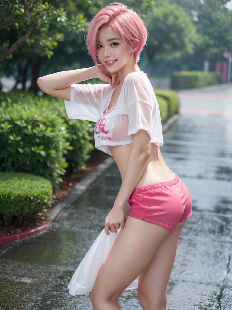 Cute girl with short pink hair standing in the rain , all wet , clothes are transparent, beautiful face, charming eyes looking back , smiling , super sexy , with red bra and white t-shirt, blue shorts, photorealism, photorealistic, full body model