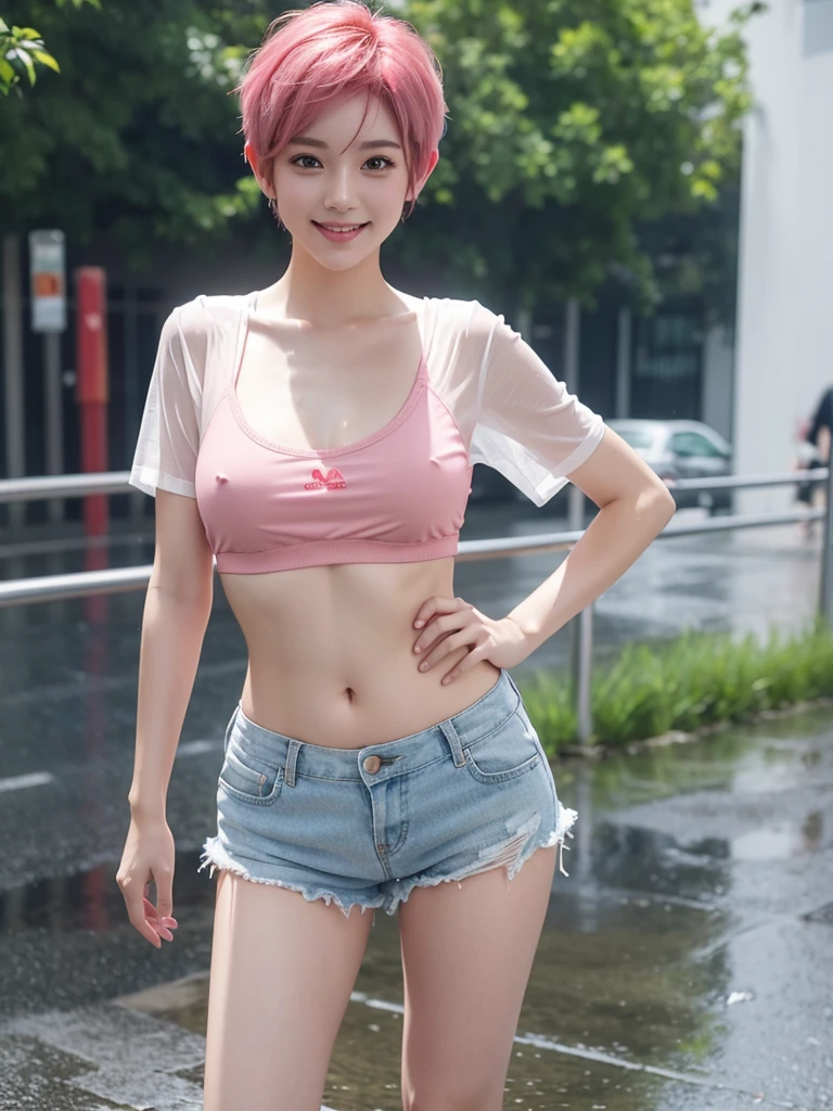 Cute girl with short pink hair standing in the rain , all wet , clothes are transparent, beautiful face, charming eyes looking back , smiling , super sexy , with red bra and white t-shirt, blue shorts, photorealism, photorealistic, full body model