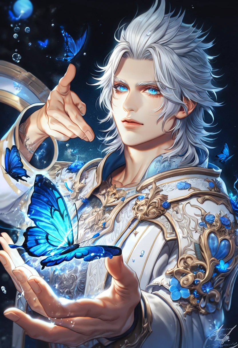 absurdres, highres, ultra detailed, HDR, master piece, best quality, extremely detailed, Ravus Nox Fleuret, white hair, expressive blue eyes, Final Fantasy XV, solo, sexy man, handsome, white coat, fantasy, magic, sparkling, water, blue moon, blue flowers, blue butterflies, blue fireflies