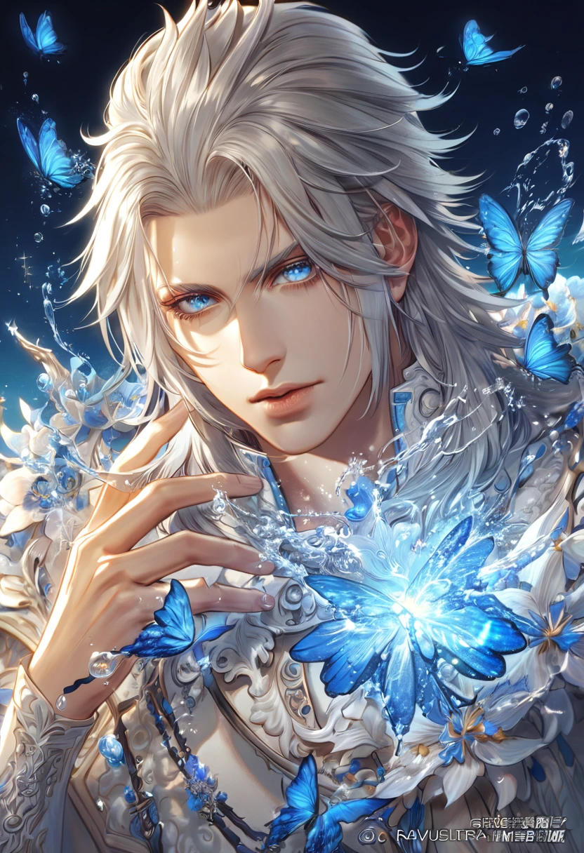 absurdres, highres, ultra detailed, HDR, master piece, best quality, extremely detailed, Ravus Nox Fleuret, white hair, expressive blue eyes, Final Fantasy XV, solo, sexy man, handsome, white coat, fantasy, magic, sparkling, water, blue moon, blue flowers, blue butterflies, blue fireflies