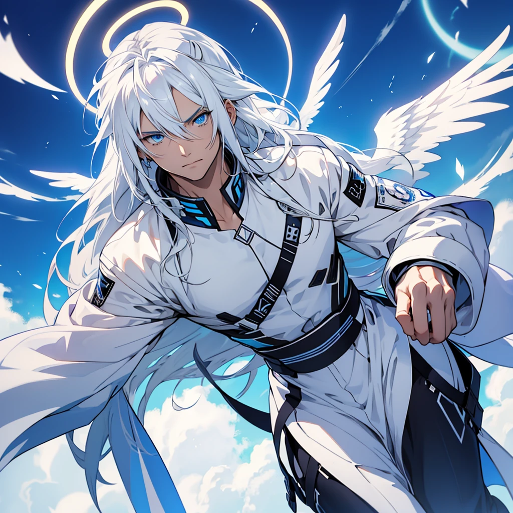 Male angel with blue eyes and white hair With halo and wings, anime style, Long hair
