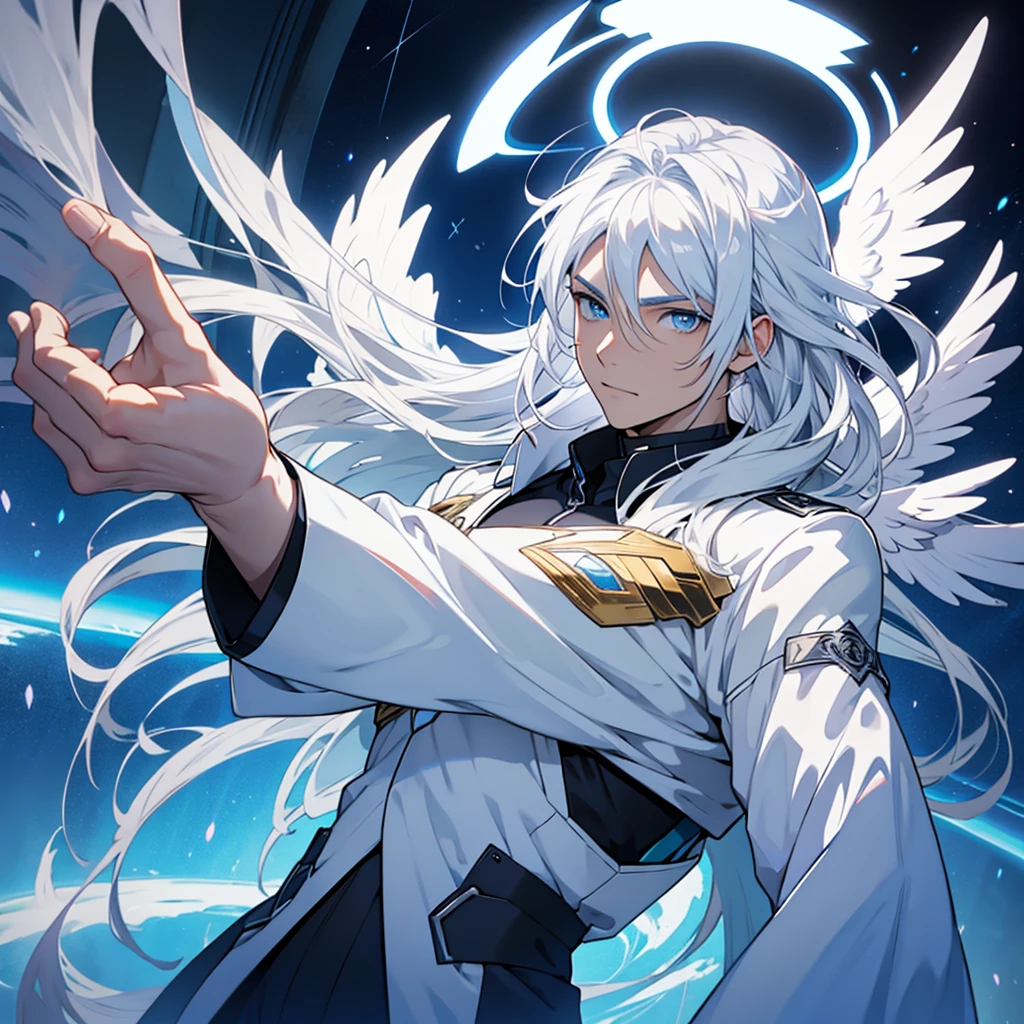 Male angel with blue eyes and white hair With halo and wings, anime style, Long hair