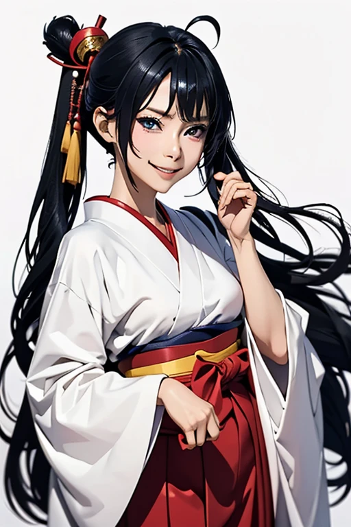 Highest quality　High resolution　Simple　Shrine maiden服　Long bangs　Adult female　Shrine maiden　Loose expression　cute　smile　Scarlet Hakama　Beautiful Eyes　One Woman　Long side hair　Very black hair　Shiny long hair　Straight hair　Ahoge　Wide sleeves　Long hem　cute目　White Background