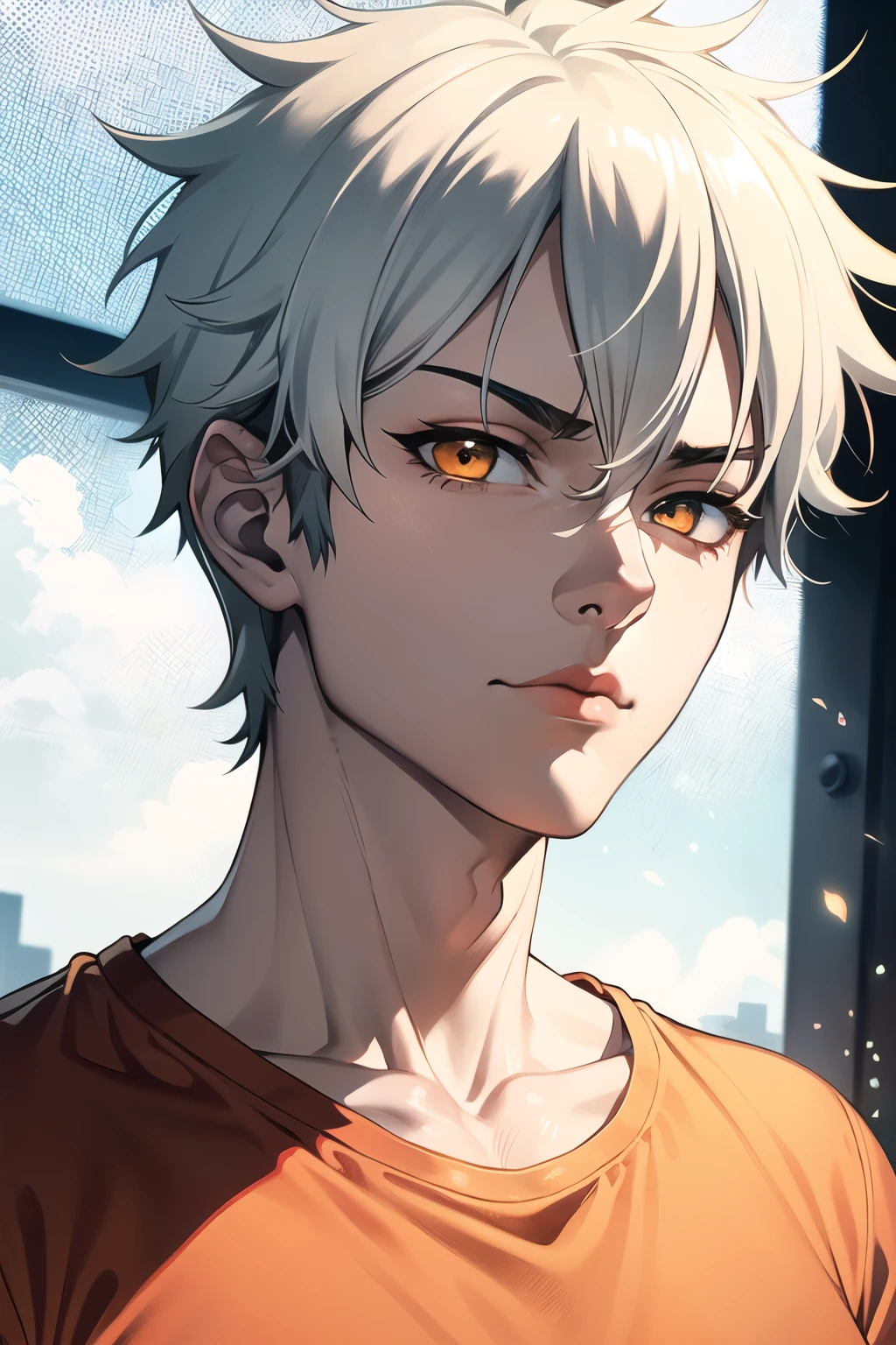 older anime adult male, short white hair, detailed and well-proportioned orange eyes, orange eyes, loose fitted tee-shirt