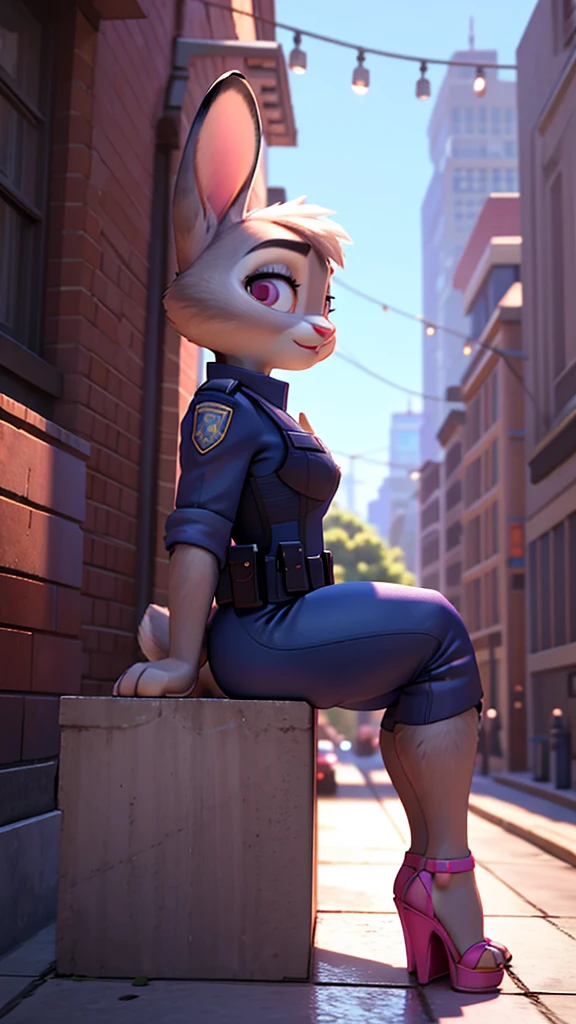 Furry female anthro, full body, 8k, film, masterpiece quality, semi realistic, high detail, big ass, short skinny police uniform, pink sandals heels, judy hopps, it's sitting,(best quality), 3d pixar style, side view, 1 female