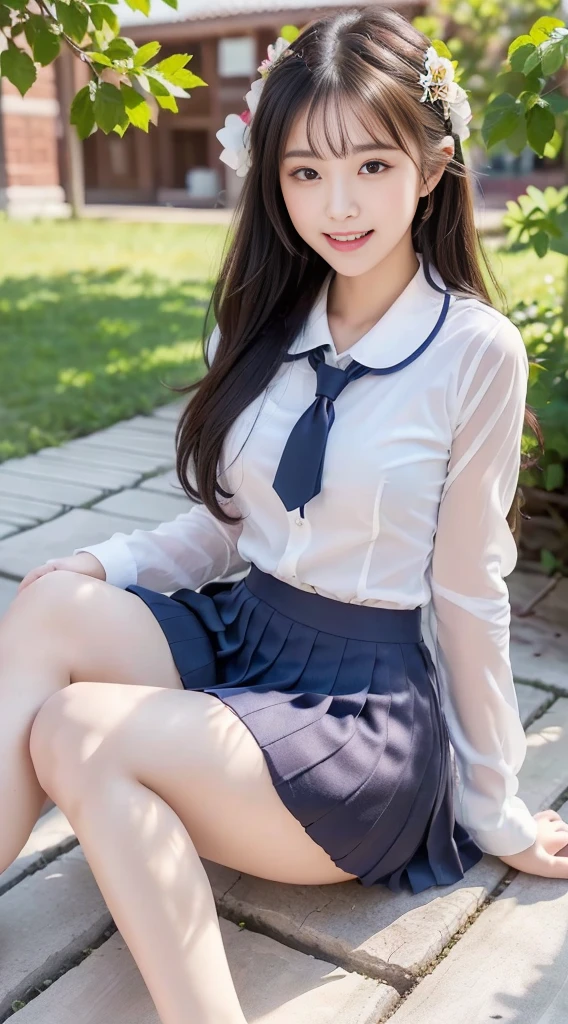 (Highest quality、Ultra-high resolution、８ｋ、masterpiece:1.3)、Beautiful woman with perfect figure:1.4、Black Hair、(((((School Uniform))))、Big eyes、派手な、（high school girl）、(Navy blue pleated skirt)、Ultra mini skirt、A beautiful woman、Schoolカバン、Highly detailed face and skin、Detailed eyes、Shiny thighs、double eyelid、Thin legs、The best smile、(((１people)))、Beautiful views、School、（Schoolyard）、beautiful place、Extraordinary beauty、Age: 16、Perfect Proportions、whole body、((blue sky))、Baby Face、Touch your hair with your hands、The wind is blowing、((Sit on the ground))、(Sitting on the floor holding your knees:1.5)、wave hands、(I can see her panties：1.3)、Attractive thighs、(スカートの間からI can see her panties:1.5)、Spread your legs wide to the left and right、M-shaped legs、Showing her 、(Knee Up)、((White panties))、