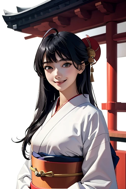 Highest quality　High resolution　Simple　Shrine maiden服　Long bangs　Adult female　Shrine maiden　Loose expression　cute　smile　Scarlet Hakama　Beautiful Eyes　One Woman　Long side hair　Very black hair　Shiny long hair　Straight hair　Ahoge　Wide sleeves　Long hem　cute目　White Background