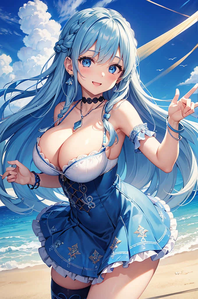 Highest quality、Highest quality、masterpiece、(8K resolution),beauty(Age 25)、(Mature Appearance)、Light blue long hair(Braiding of sides)、blue eyes、(Detailed embroidered underwear)、(Fairy)、Big cleavage、((Big Breasts))、smile、blue necklace、Blue Earrings、background(Beach)、Please open your mouth wide、bracelet、Dynamic pose、Blue choker、black tights