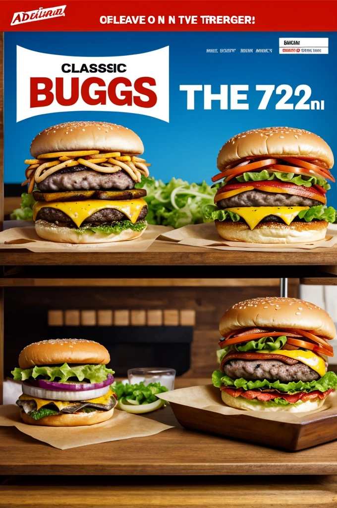 Create an eye-catching image on an ad that says 2 for 1 on classic burgers